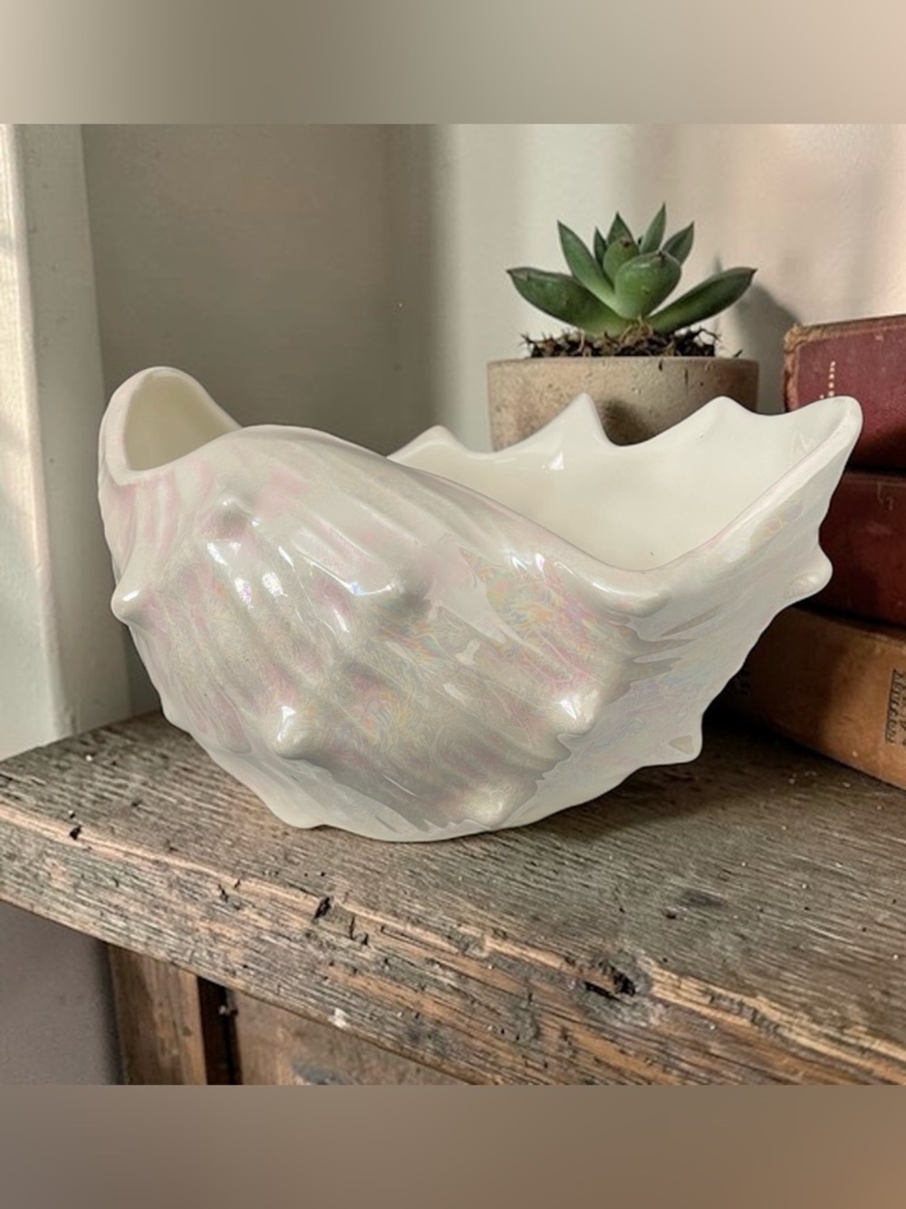 Vintage Iridescent White Ceramic Seashell Bowl